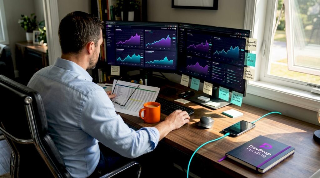 Trader reviewing charts in home office workspace