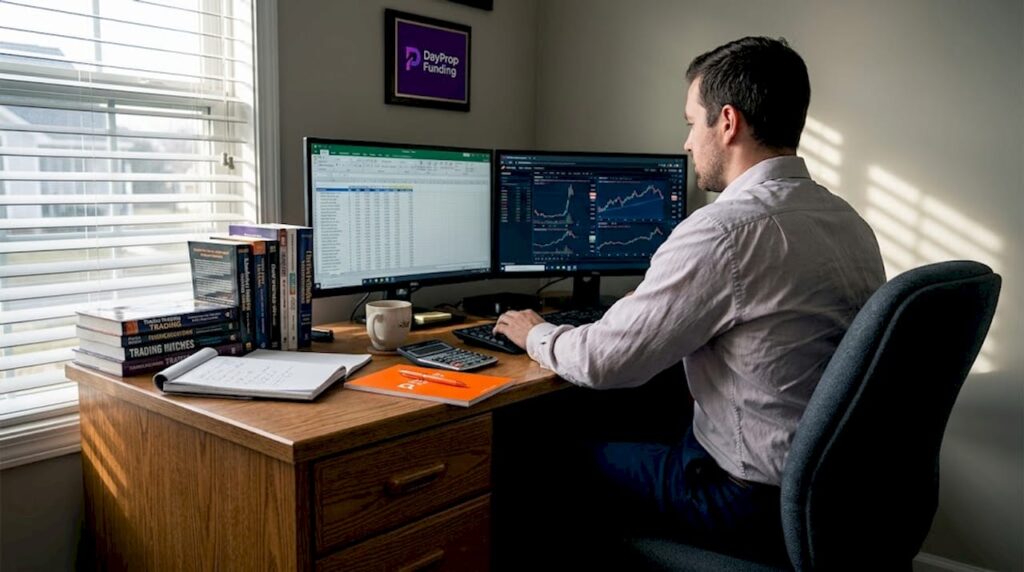 Trader at home desk reviews trading platforms