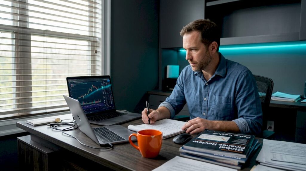 Trader reviewing notes at home office desk