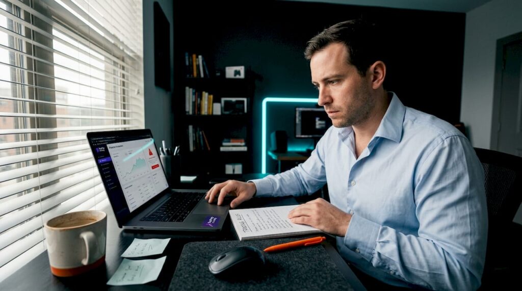 Trader reviewing rules at home office desk