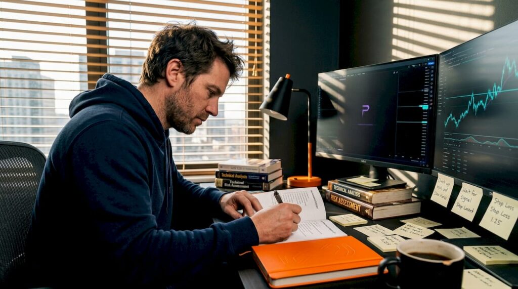 Trader reviewing risk checklist at desk