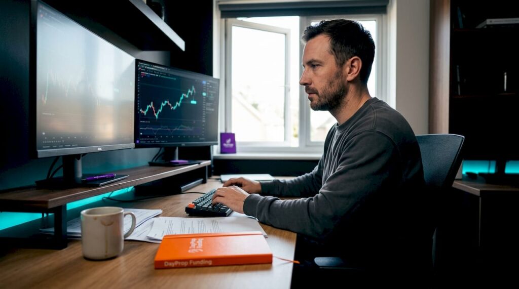 Trader reviews forex trades in home office