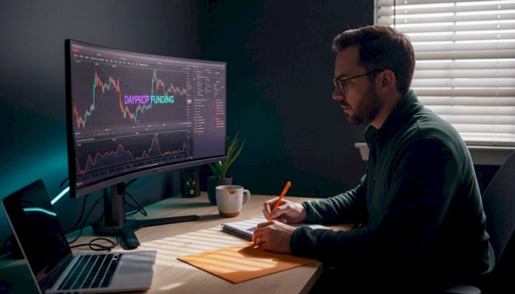 Trader working at home office desk with charts