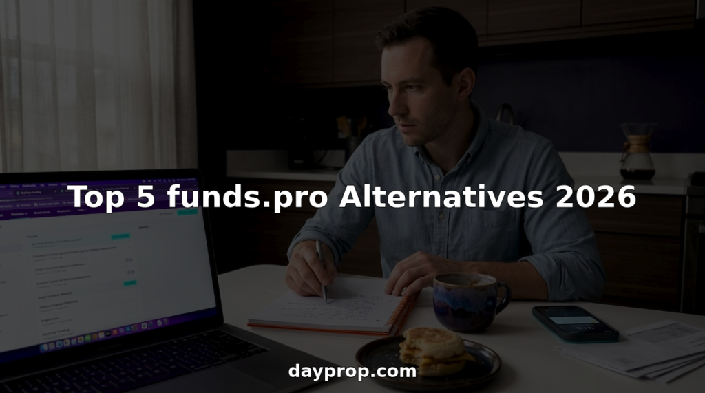 Trader researching funding platforms at home table