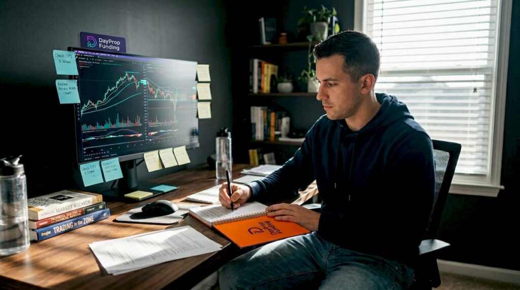 Retail trader reviewing charts at home office