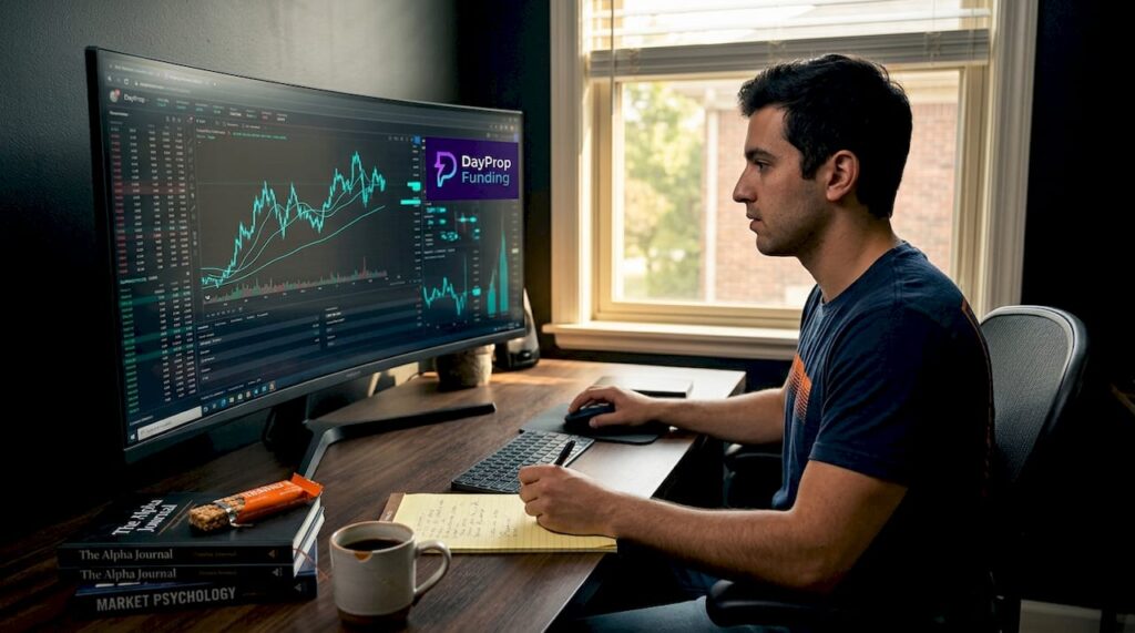 Trader reviewing evaluation data at home office desk