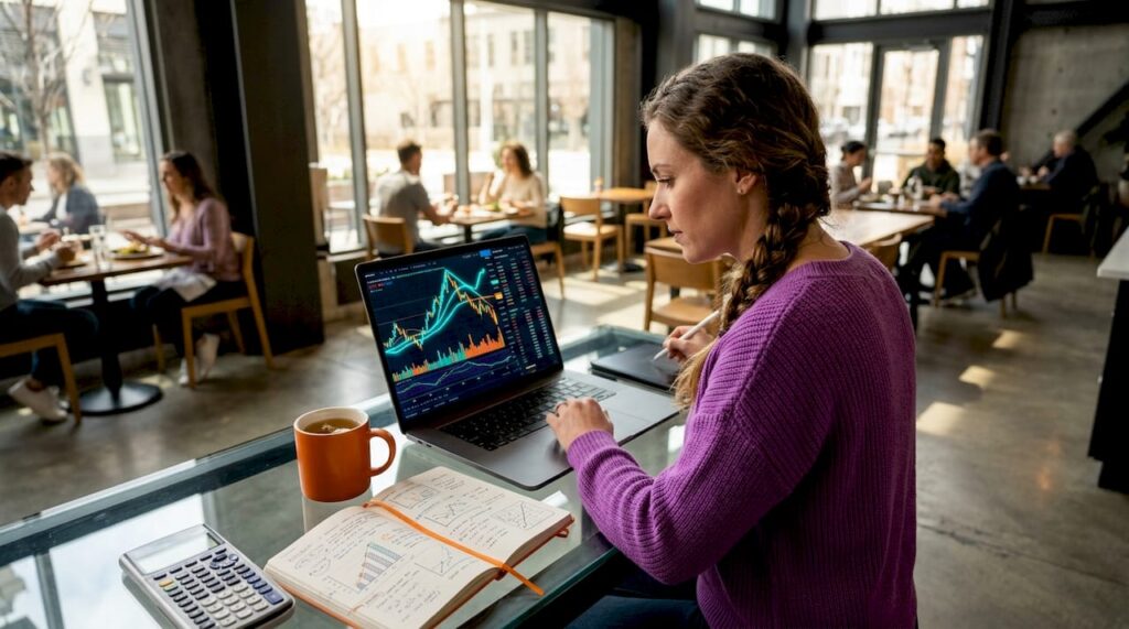 Woman analyzing crypto charts at home office desk