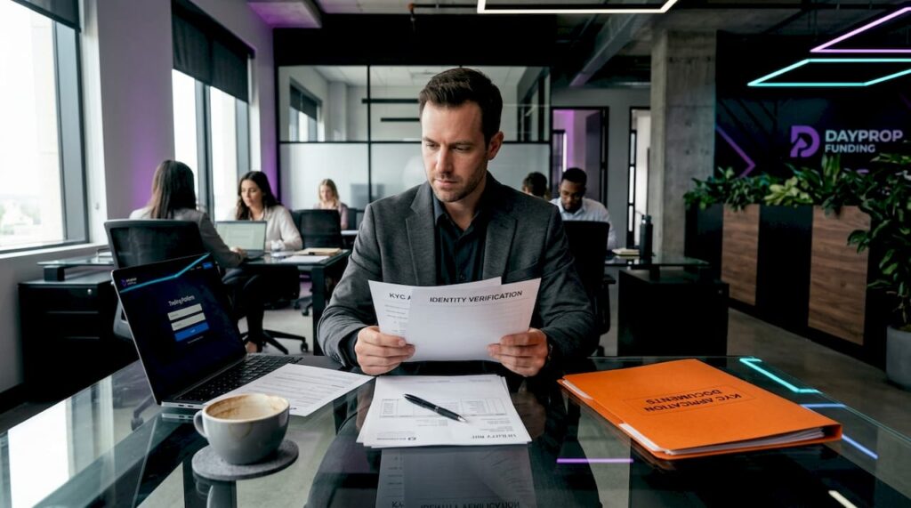 Trader reviewing KYC paperwork in home office