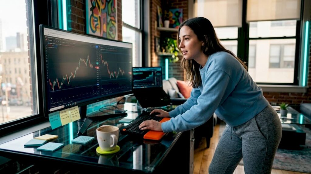 Prop trader analyzing indices on home office monitor