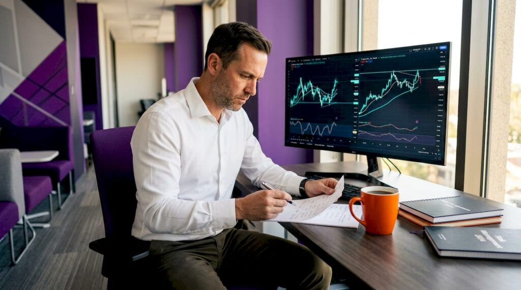 Trader reviewing risk notes at desk