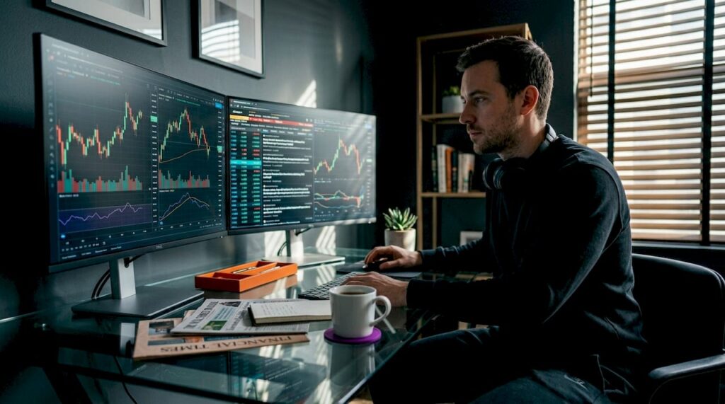 Trader reviews charts at home office desk