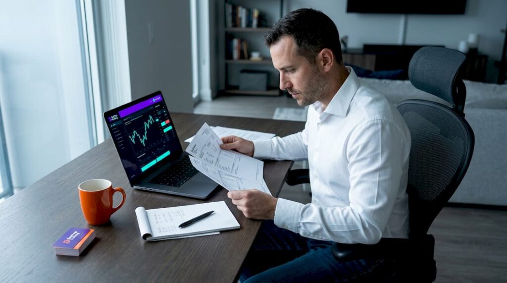Trader reviewing compliance documents at home office desk