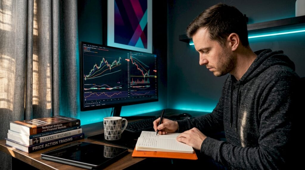 Retail trader working in realistic home office