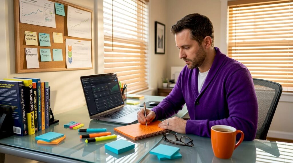 Trader preparing for prop trading evaluation at home