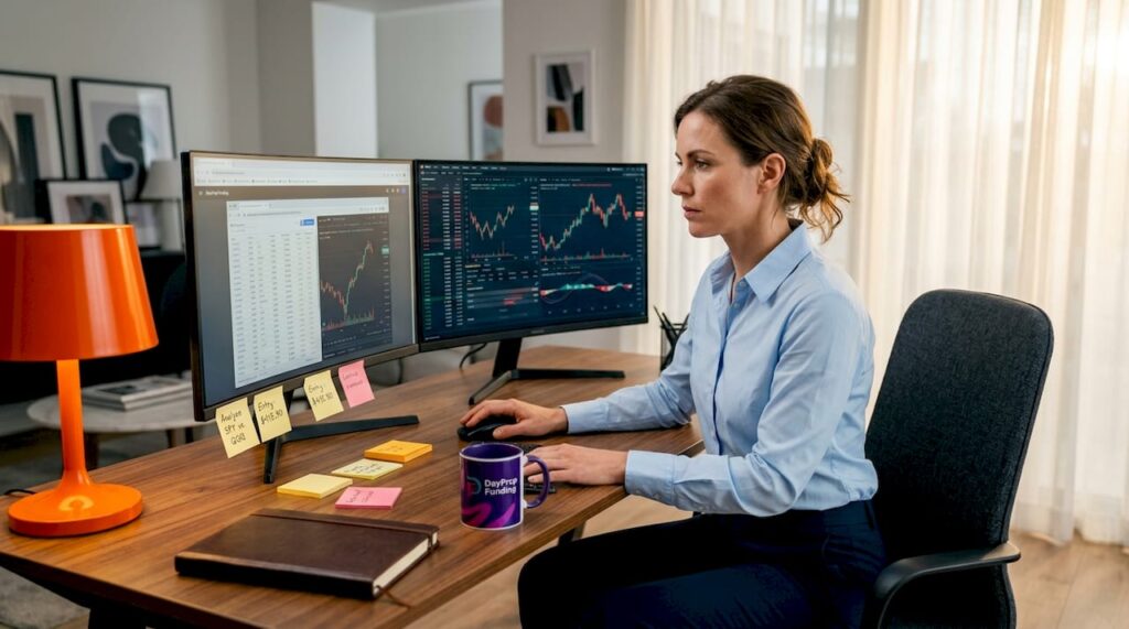 Financial analyst comparing trading platforms workspace