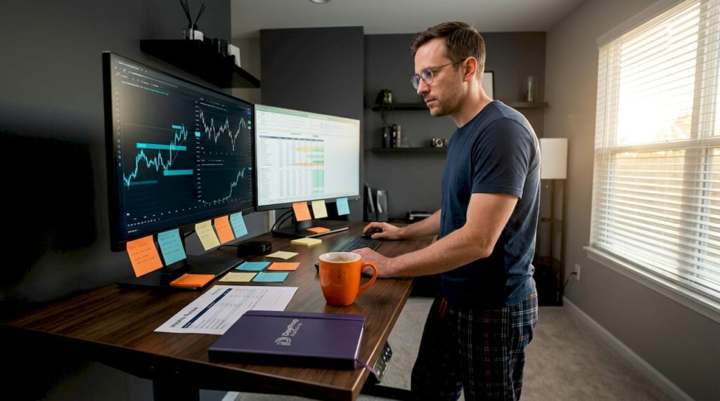 Trader analyzing index charts at busy home desk