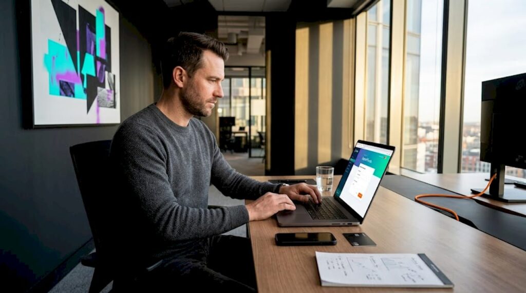 Trader funding account at home office desk