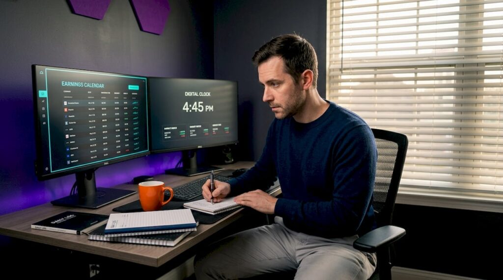 Trader reviews payout cycles at home desk