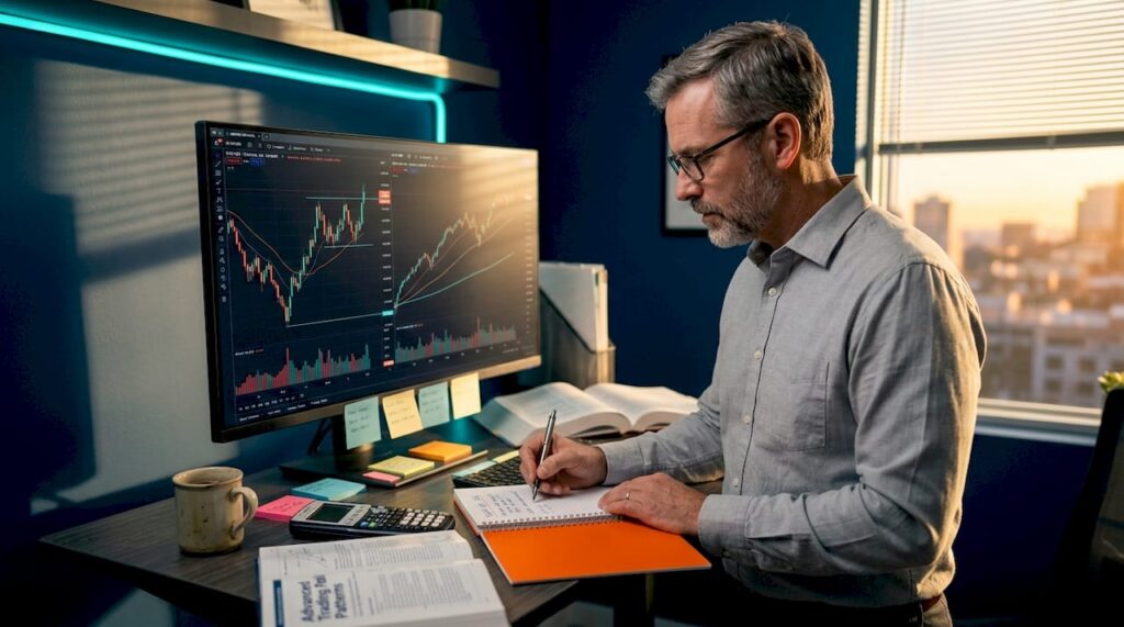 Trader calculating risk-reward in home office